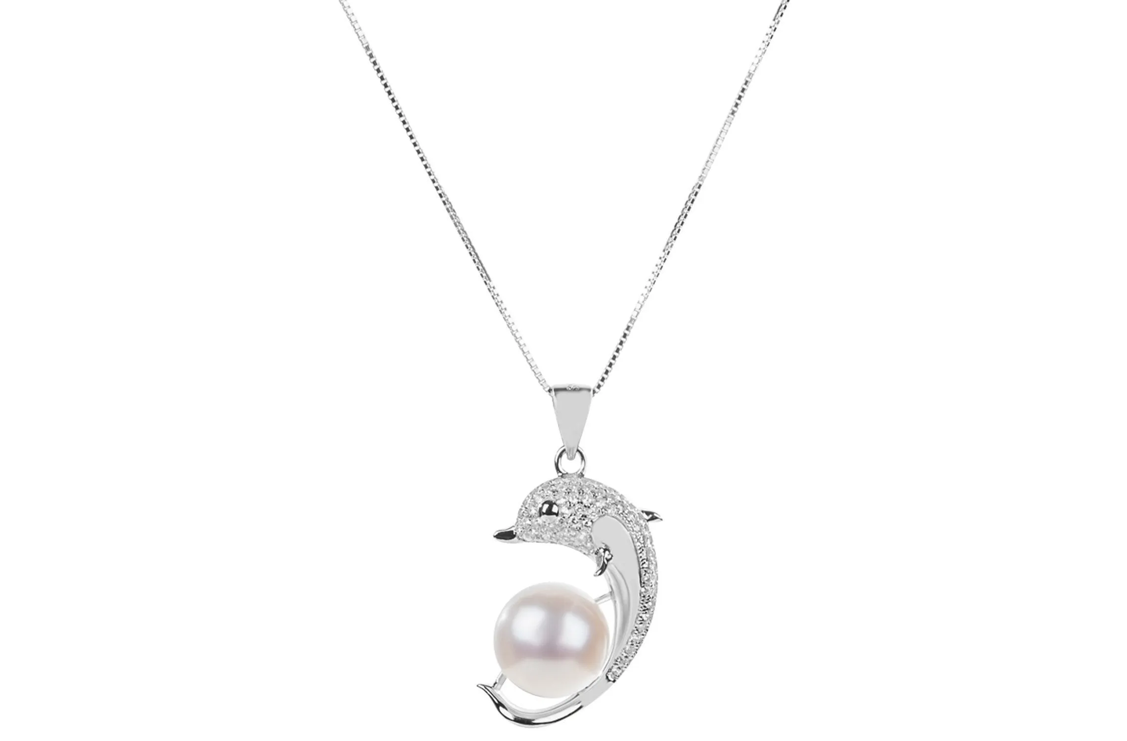 Dolphin Pendant with Freshwater Pearl and Sterling Silver (925) Chain Necklace 11mm