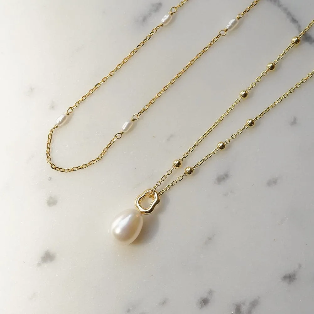 Double Pearl Necklace Layering Set 18ct Gold Plate