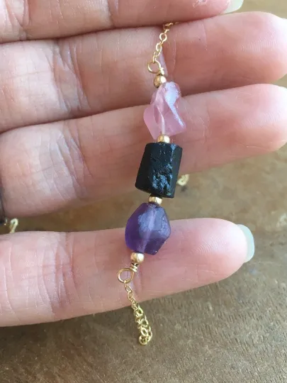 Empath Protection Necklace- Raw Stone Necklace - Grounding Crystal - Healing Jewelry Gift - Black Tourmaline - Rose Quartz - Amethyst