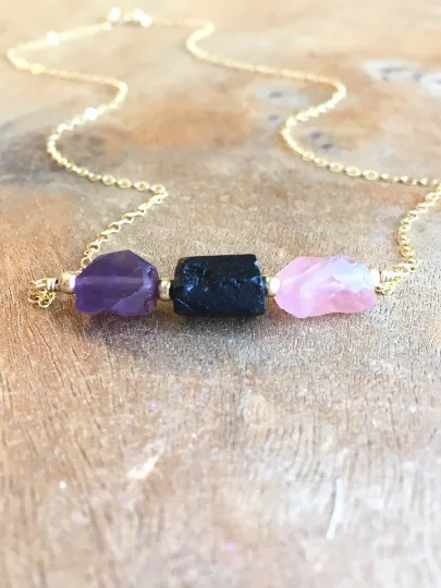 Empath Protection Necklace- Raw Stone Necklace - Grounding Crystal - Healing Jewelry Gift - Black Tourmaline - Rose Quartz - Amethyst