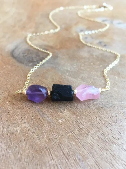 Empath Protection Necklace- Raw Stone Necklace - Grounding Crystal - Healing Jewelry Gift - Black Tourmaline - Rose Quartz - Amethyst