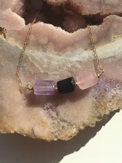 Empath Protection Necklace- Raw Stone Necklace - Grounding Crystal - Healing Jewelry Gift - Black Tourmaline - Rose Quartz - Amethyst