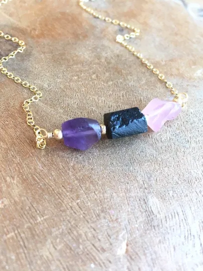 Empath Protection Necklace- Raw Stone Necklace - Grounding Crystal - Healing Jewelry Gift - Black Tourmaline - Rose Quartz - Amethyst