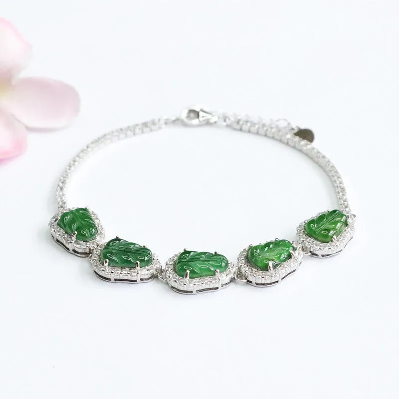 Emperor Green Leaf Sterling Silver Jade Bracelet