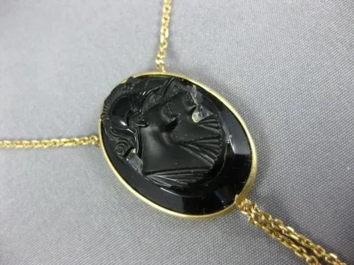 ESTATE LARGE AAA ONYX 14K YELLOW GOLD DOUBLE ROMAN SOLDIER LARIAT CAMEO NECKLACE