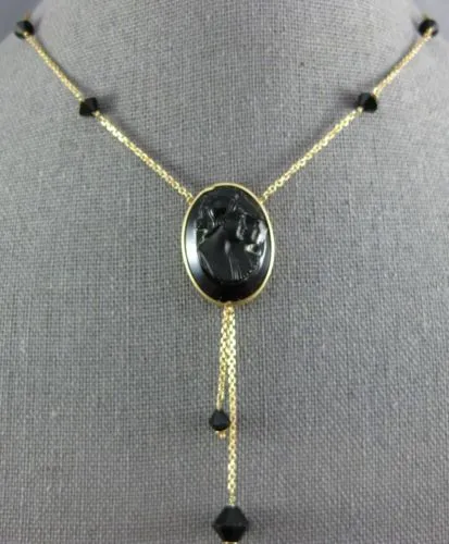 ESTATE LARGE AAA ONYX 14K YELLOW GOLD DOUBLE ROMAN SOLDIER LARIAT CAMEO NECKLACE