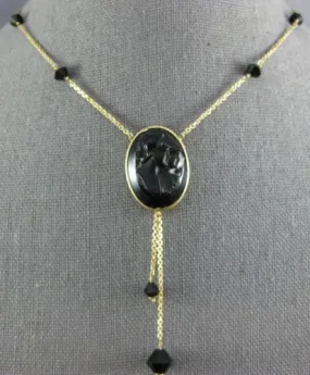 ESTATE LARGE AAA ONYX 14K YELLOW GOLD DOUBLE ROMAN SOLDIER LARIAT CAMEO NECKLACE