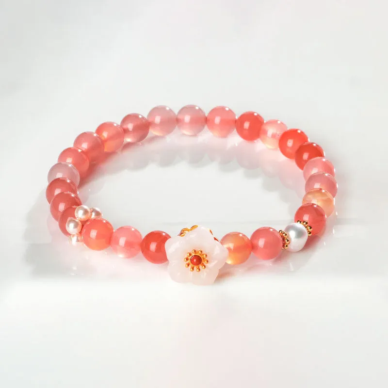 Exquisite White Jade Flower Bracelet with Pearl and Agate Accents