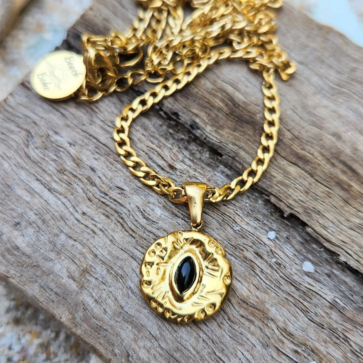 EYE OF BLACK - WATERPROOF 18K GOLD ONYX STONE PENDANT NECKLACE