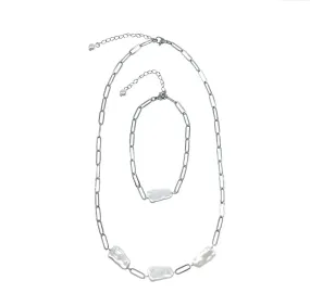 Faux Baroque Pearl Floating Necklace and Bracelet Set Silver