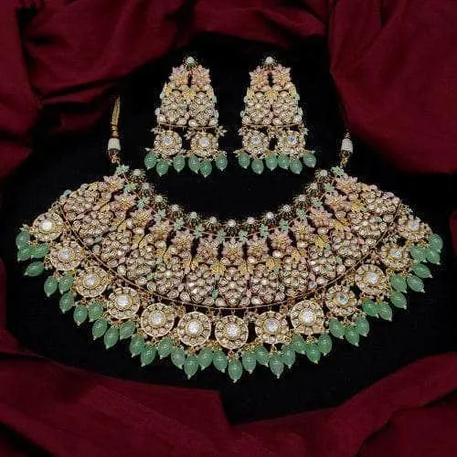 Floral Kundan Bridal Choker Necklace Set With Beads Drop