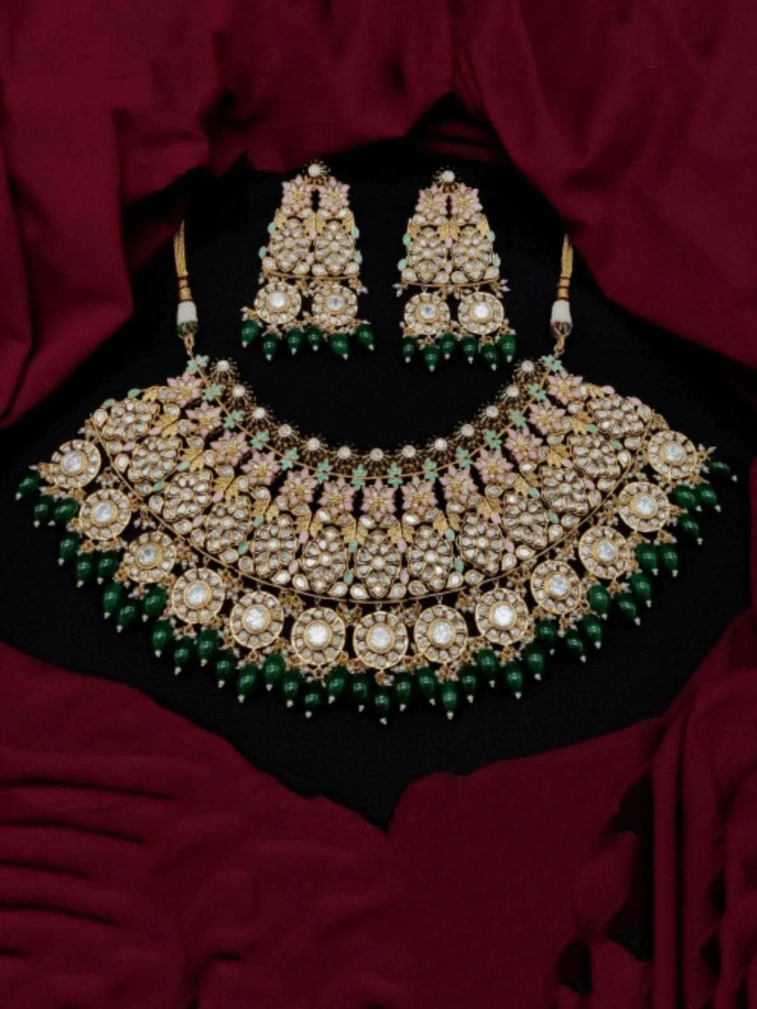 Floral Kundan Bridal Choker Necklace Set With Beads Drop