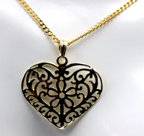 Genuine 9ct Yellow Gold Solid Filigree Heart Pendant & Necklace Chain-Free post