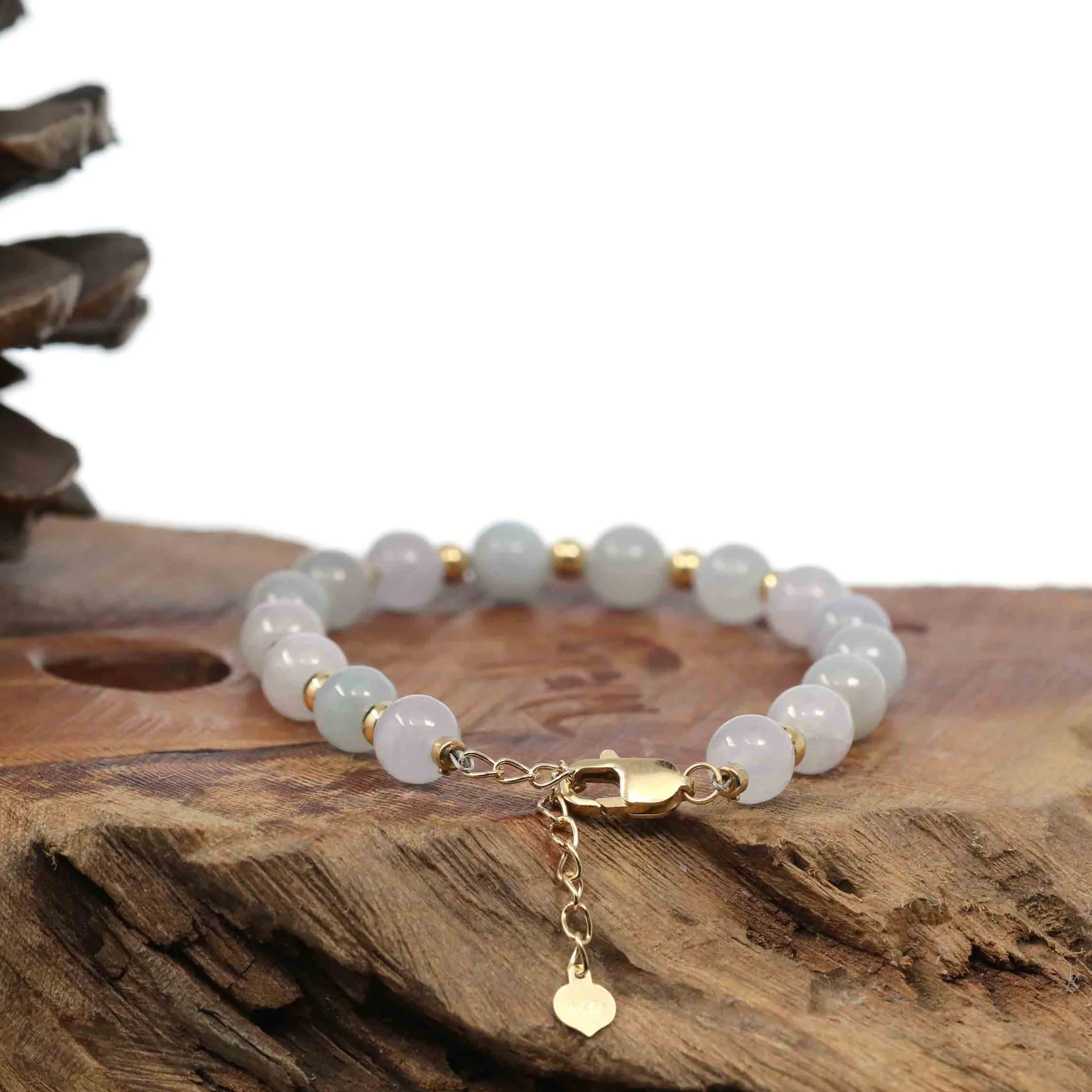 Genuine High Ice  Light Lavender Jadeite Jade Round Beads Bracelet With 18K Yellow Gold Clasp and Gold Beads ( 7 mm )