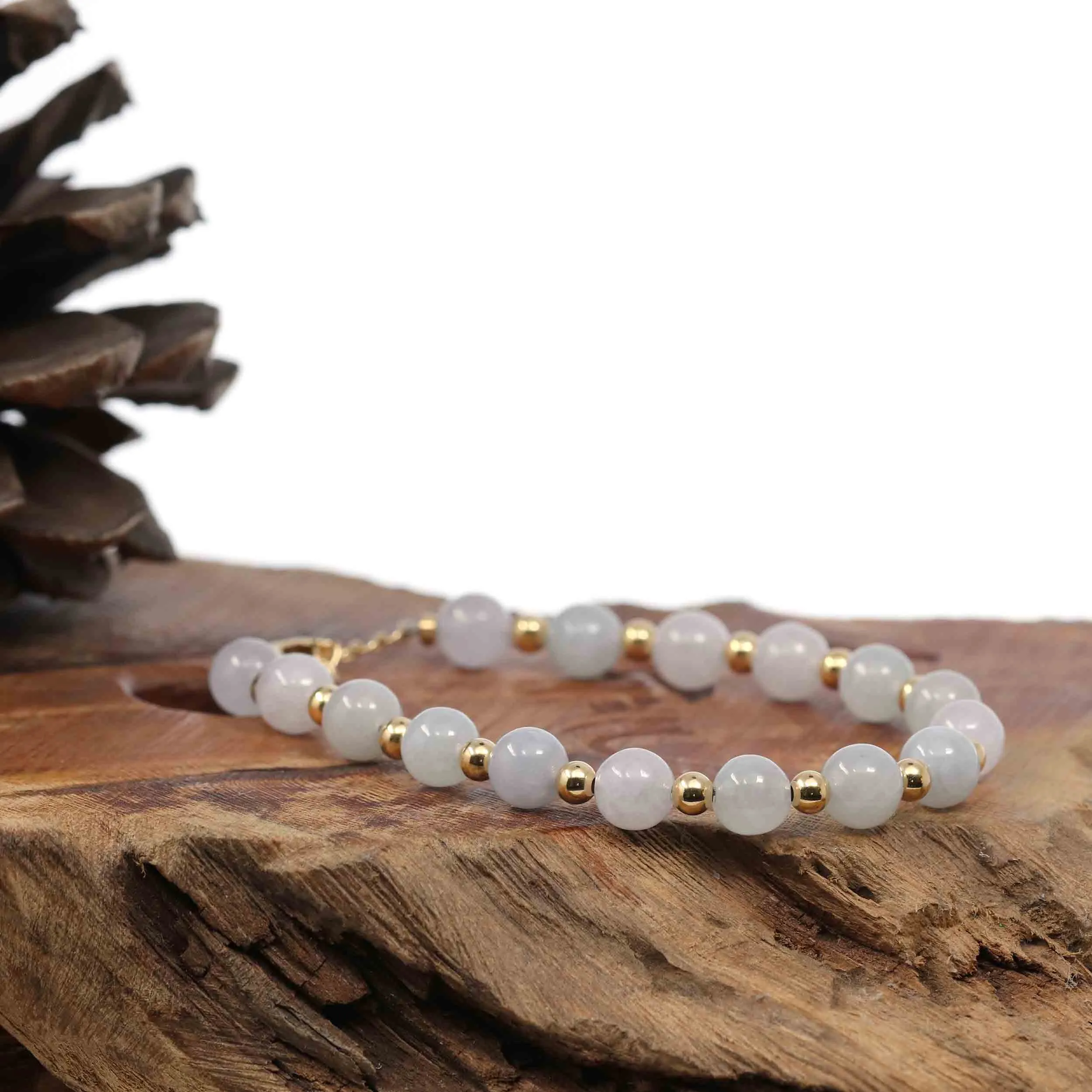 Genuine High Ice  Light Lavender Jadeite Jade Round Beads Bracelet With 18K Yellow Gold Clasp and Gold Beads ( 7 mm )