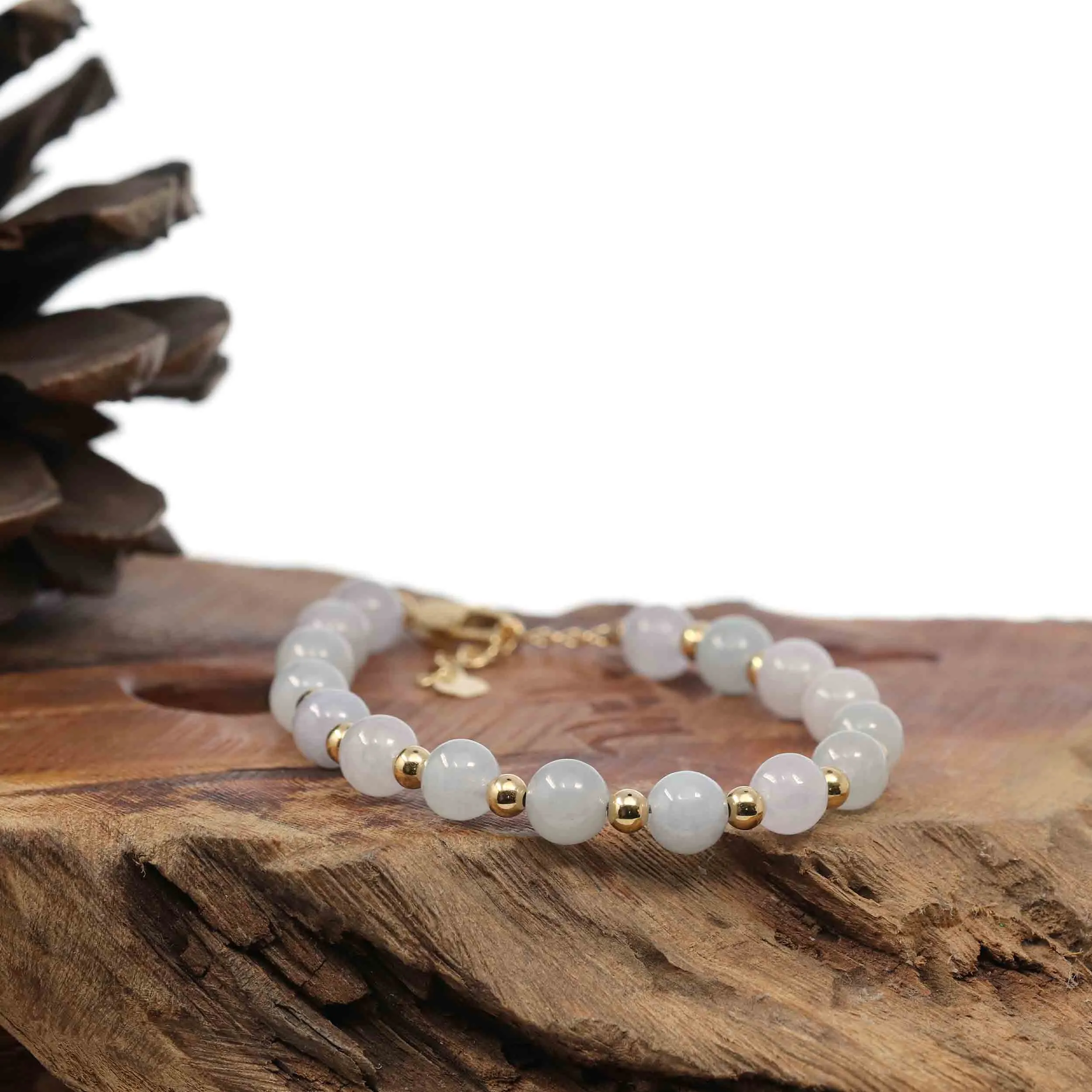 Genuine High Ice  Light Lavender Jadeite Jade Round Beads Bracelet With 18K Yellow Gold Clasp and Gold Beads ( 7 mm )