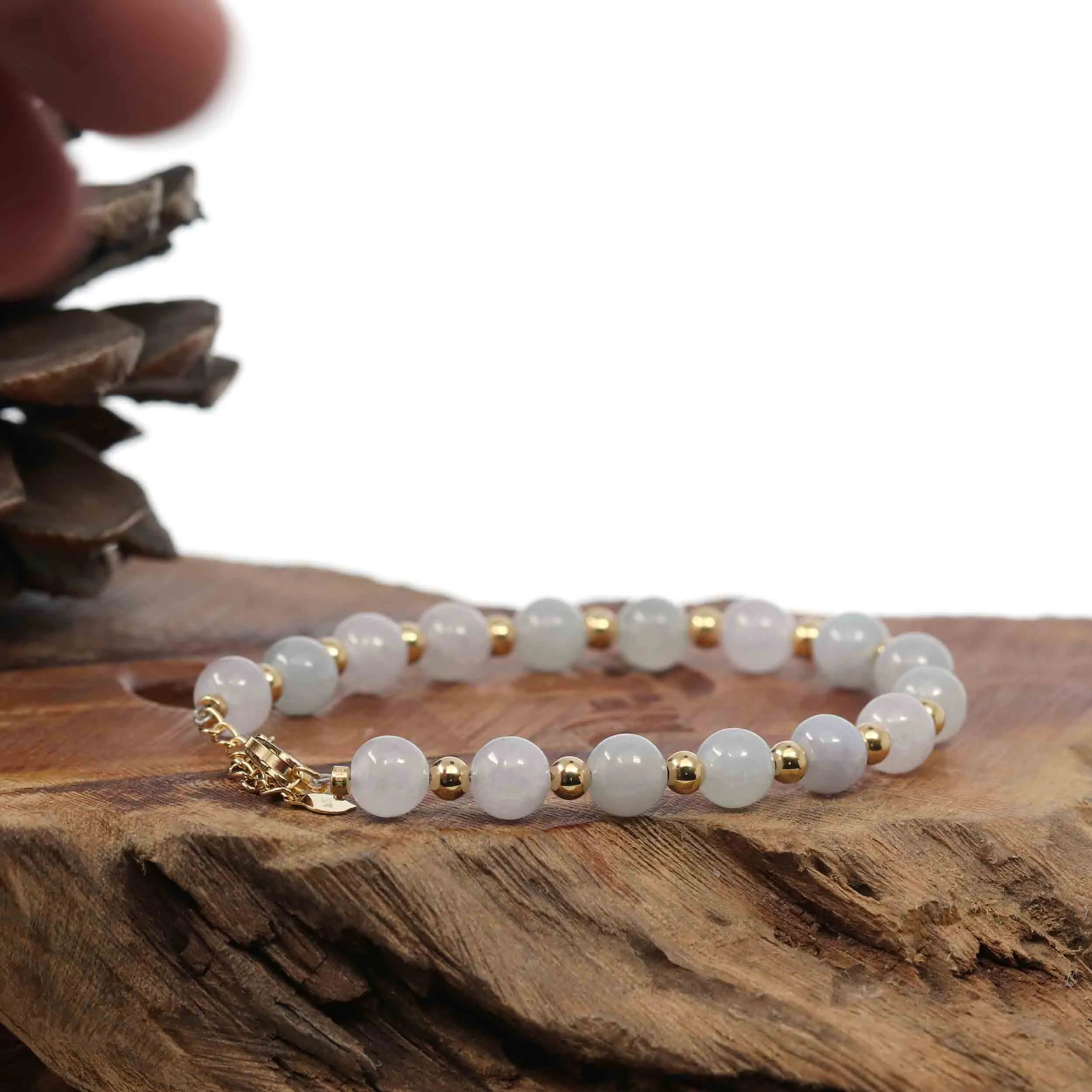 Genuine High Ice  Light Lavender Jadeite Jade Round Beads Bracelet With 18K Yellow Gold Clasp and Gold Beads ( 7 mm )