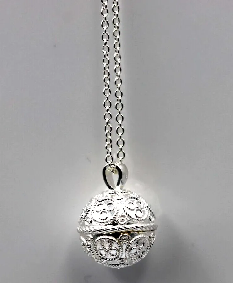 Genuine Sterling Silver Lace Pattern Ball Memorial Pendant with Screw Opening Bail   Necklace