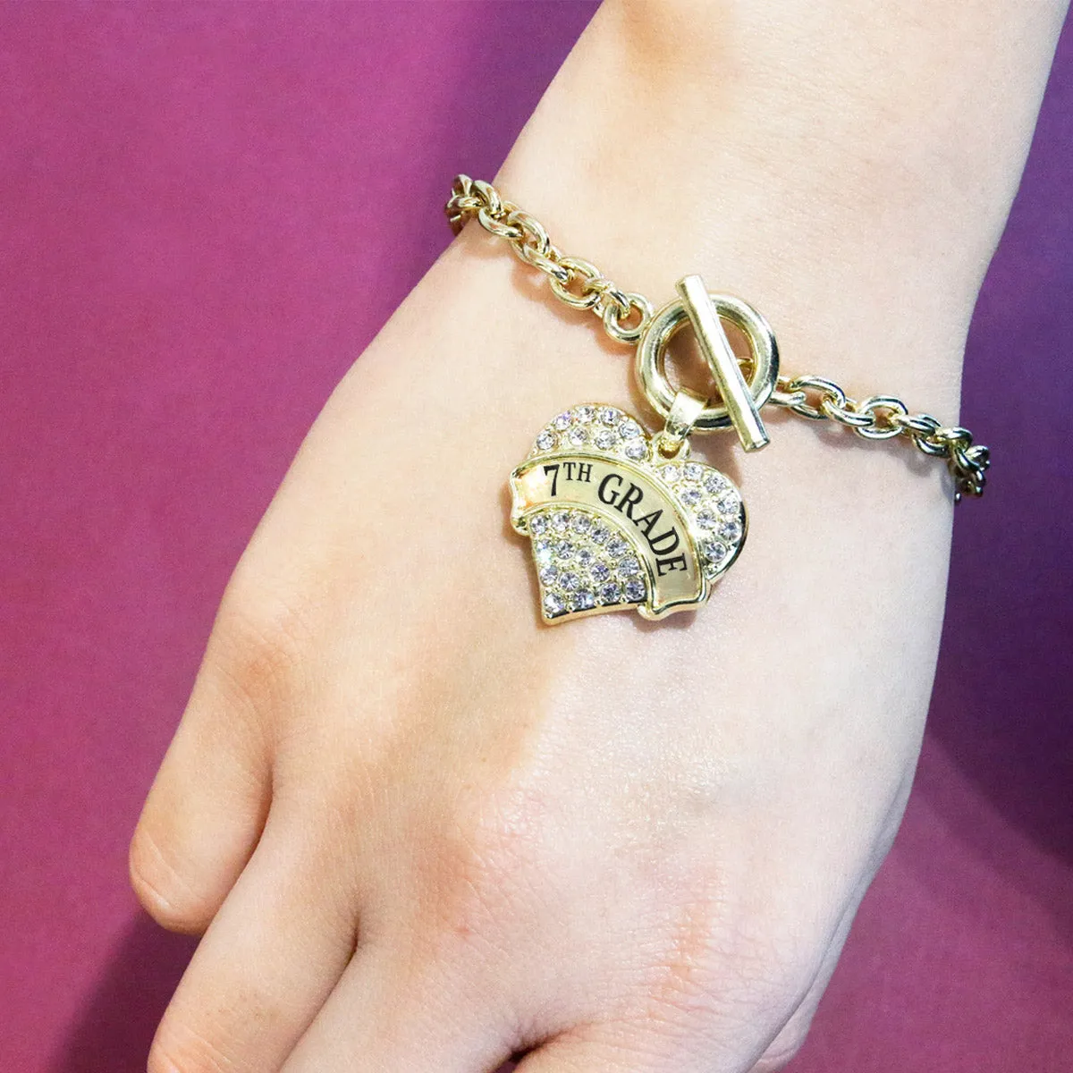 Gold 7th Grade Pave Heart Charm Toggle Bracelet