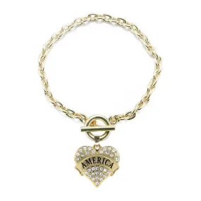 Gold America Pave Heart Charm Toggle Bracelet