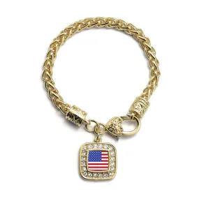 Gold American Flag Square Charm Braided Bracelet