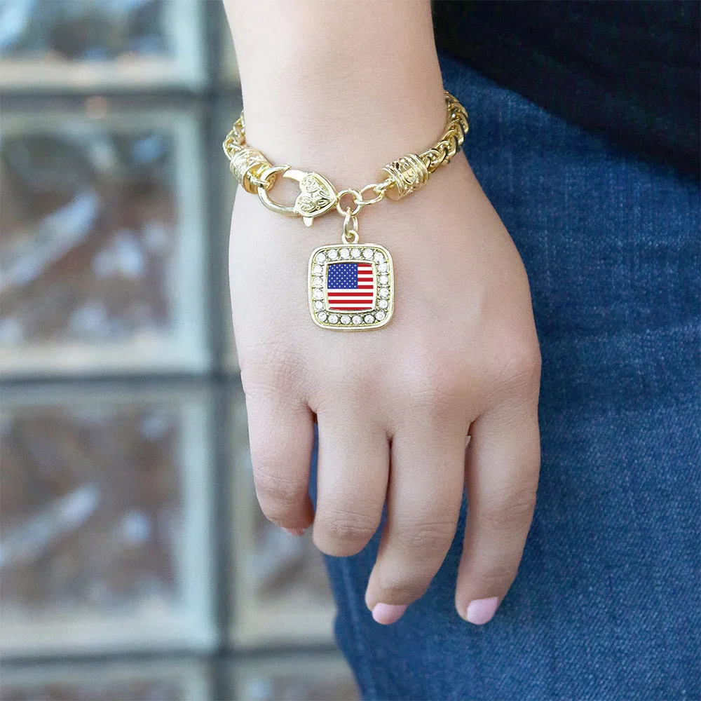 Gold American Flag Square Charm Braided Bracelet