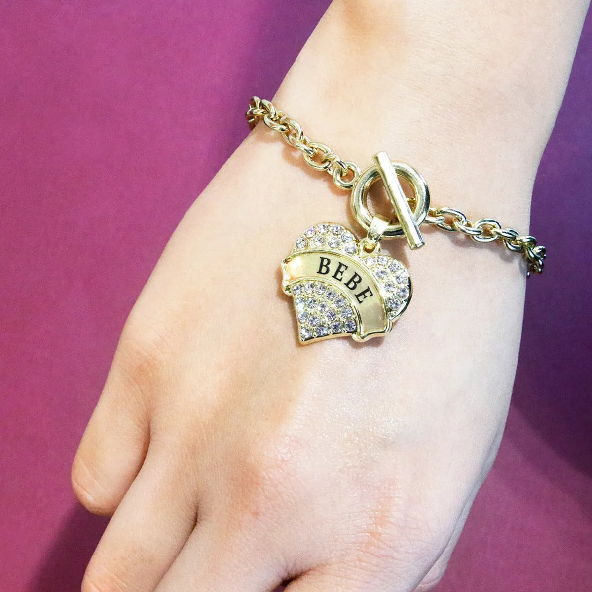 Gold Bebe Pave Heart Charm Toggle Bracelet