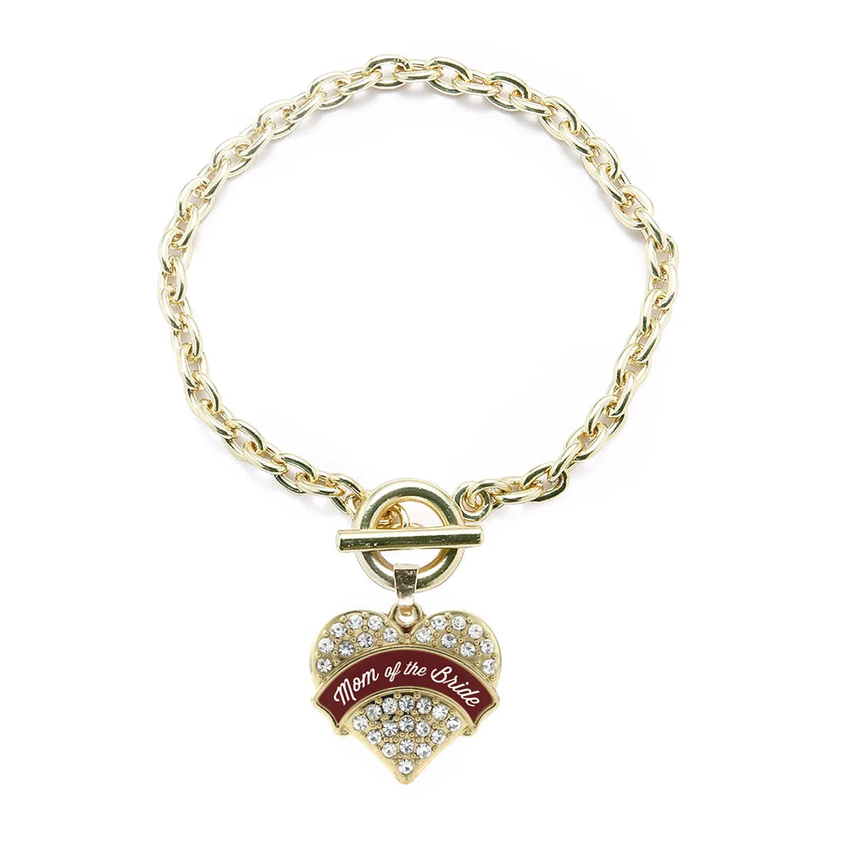 Gold Burgundy Mom of the Bride Pave Heart Charm Toggle Bracelet