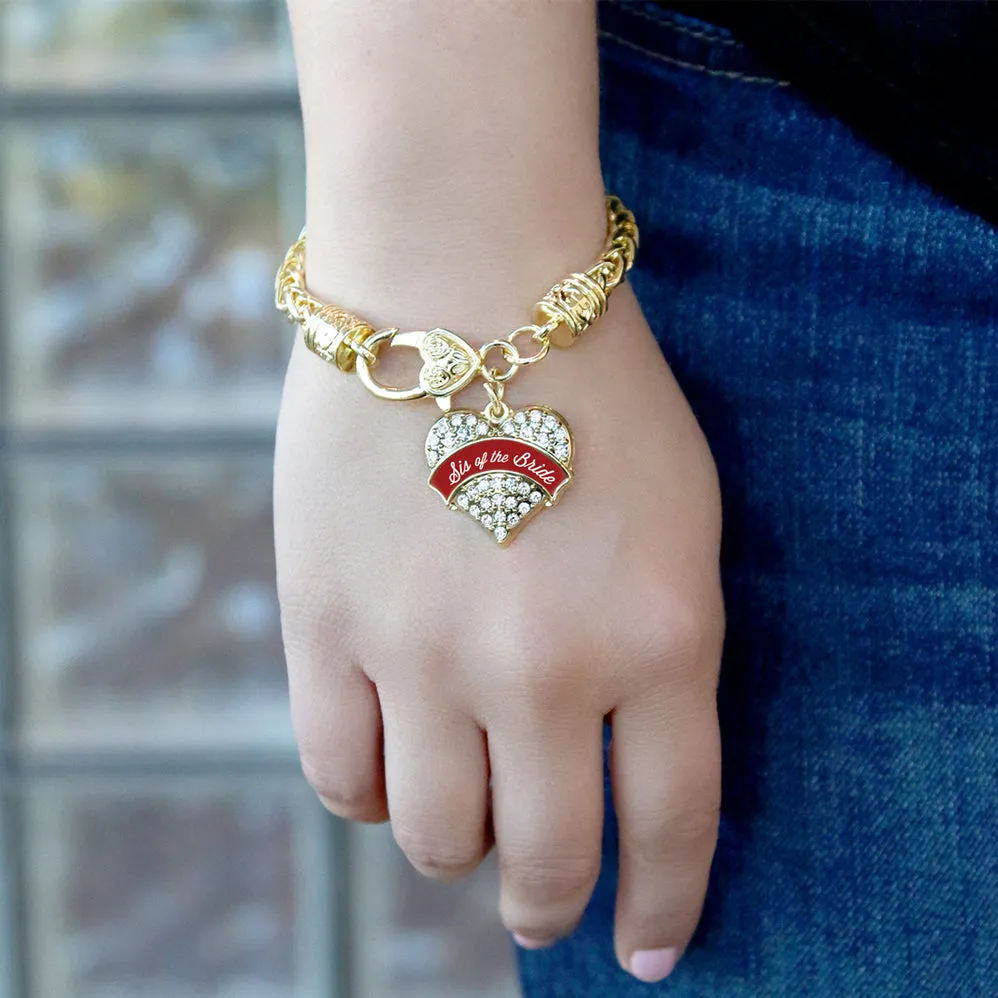 Gold Crimson Red Sis of the Bride Pave Heart Charm Braided Bracelet