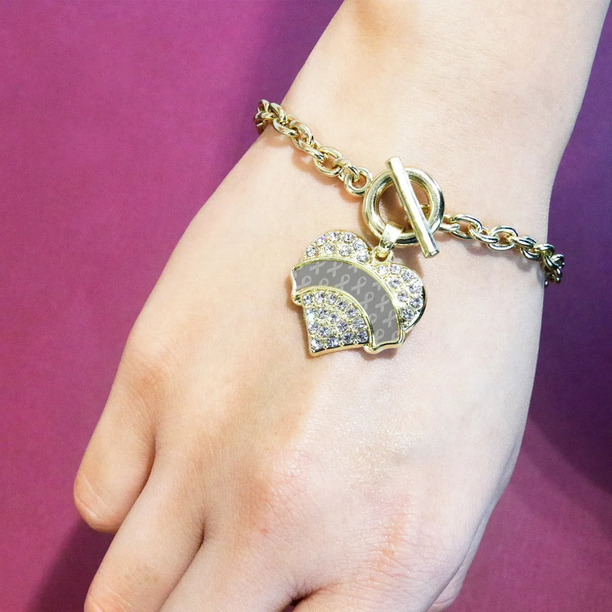 Gold Gray Ribbon Support Pave Heart Charm Toggle Bracelet