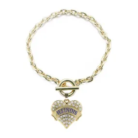 Gold Illinois Pave Heart Charm Toggle Bracelet