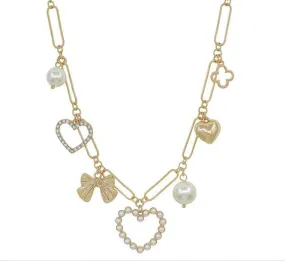 Gold Pearl Heart, Bow, and Pearl Multi Charm 16"-18" Necklace