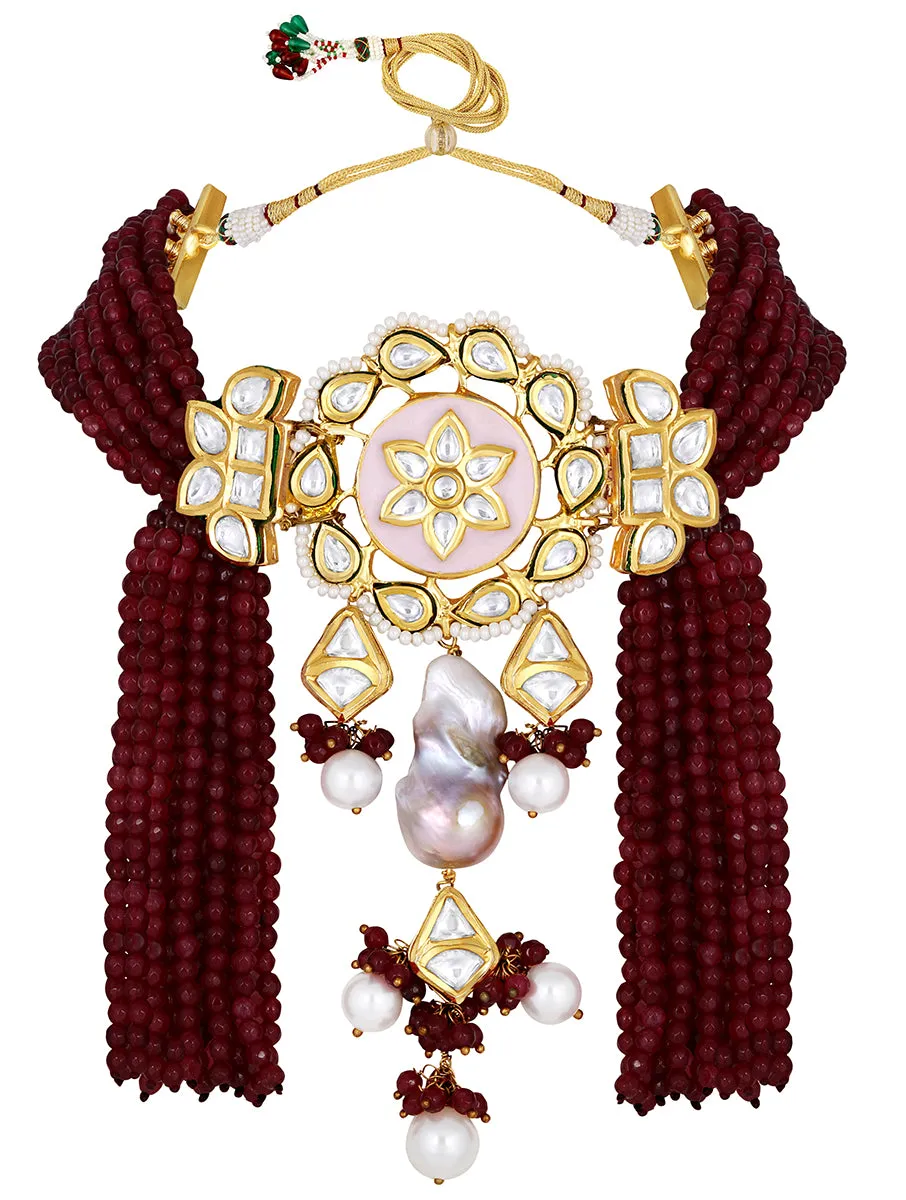 Gold Plated Kundan Necklace with Agate and Pearls