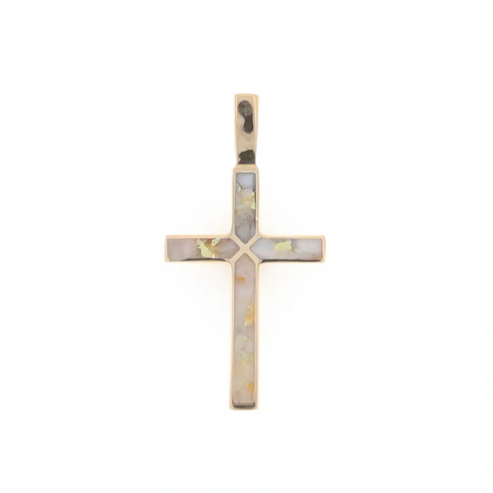 Gold Quartz Necklace 4 Section Inlaid Design Cross Pendant