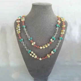 Golden Tridacna, Microcline, Quartz Crystal, Strawberry Quartz and Silver Bead Tantric Necklace