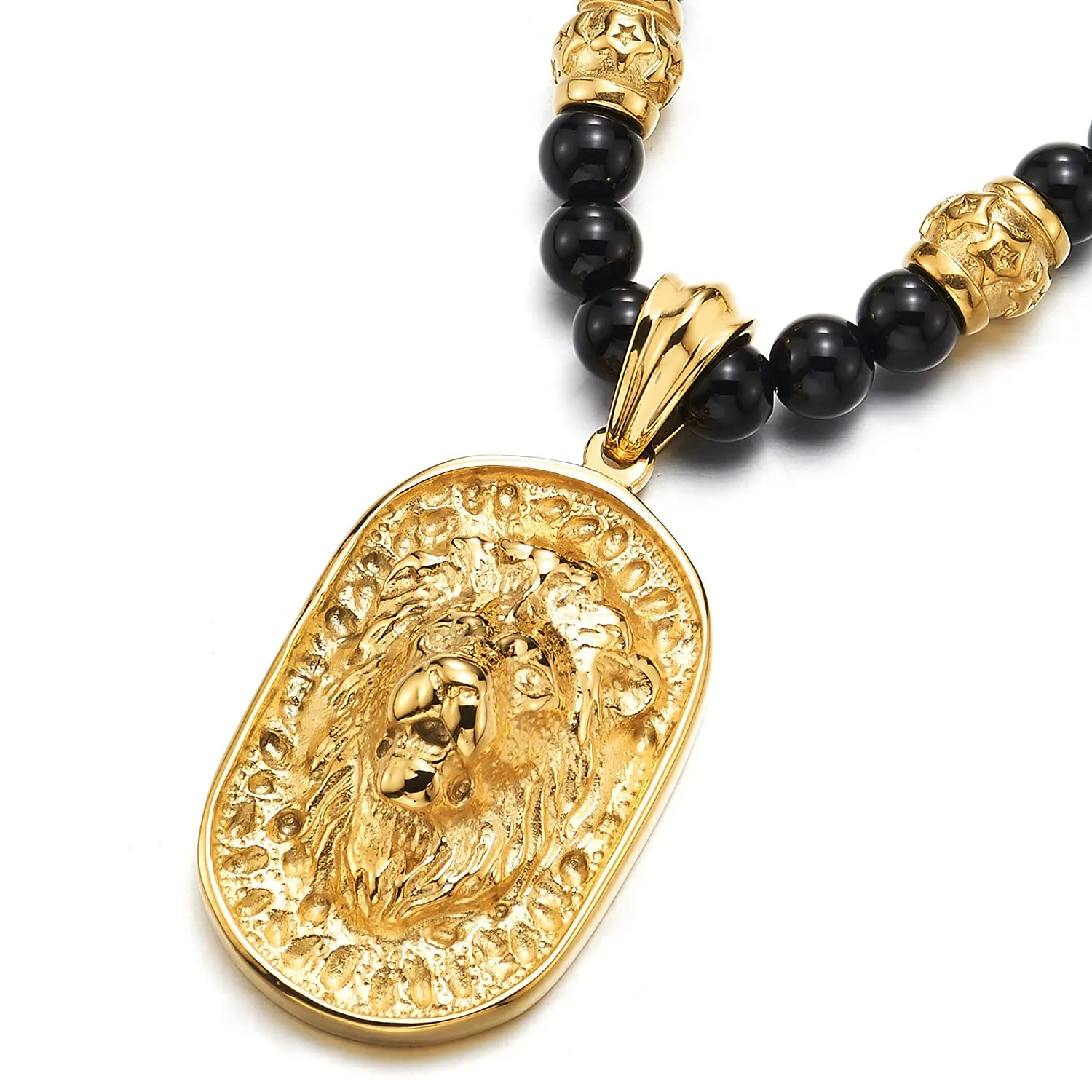 Gothic Style Mens Beads Necklace with Stainless Steel Lion Head Shield Pendant