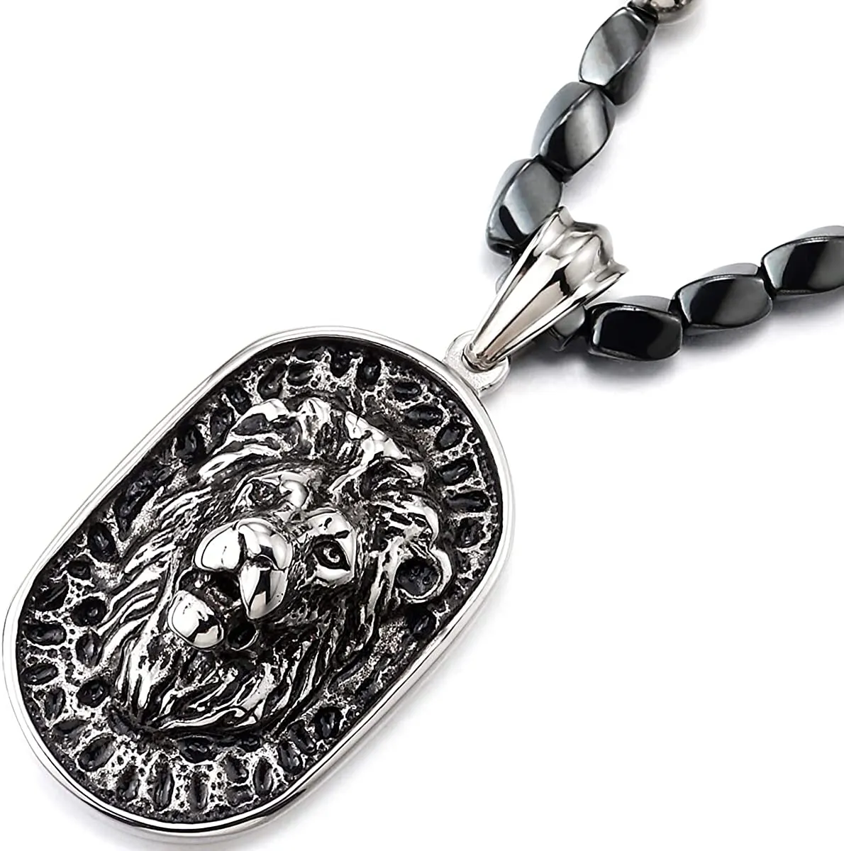 Gothic Style Mens Beads Necklace with Stainless Steel Lion Head Shield Pendant