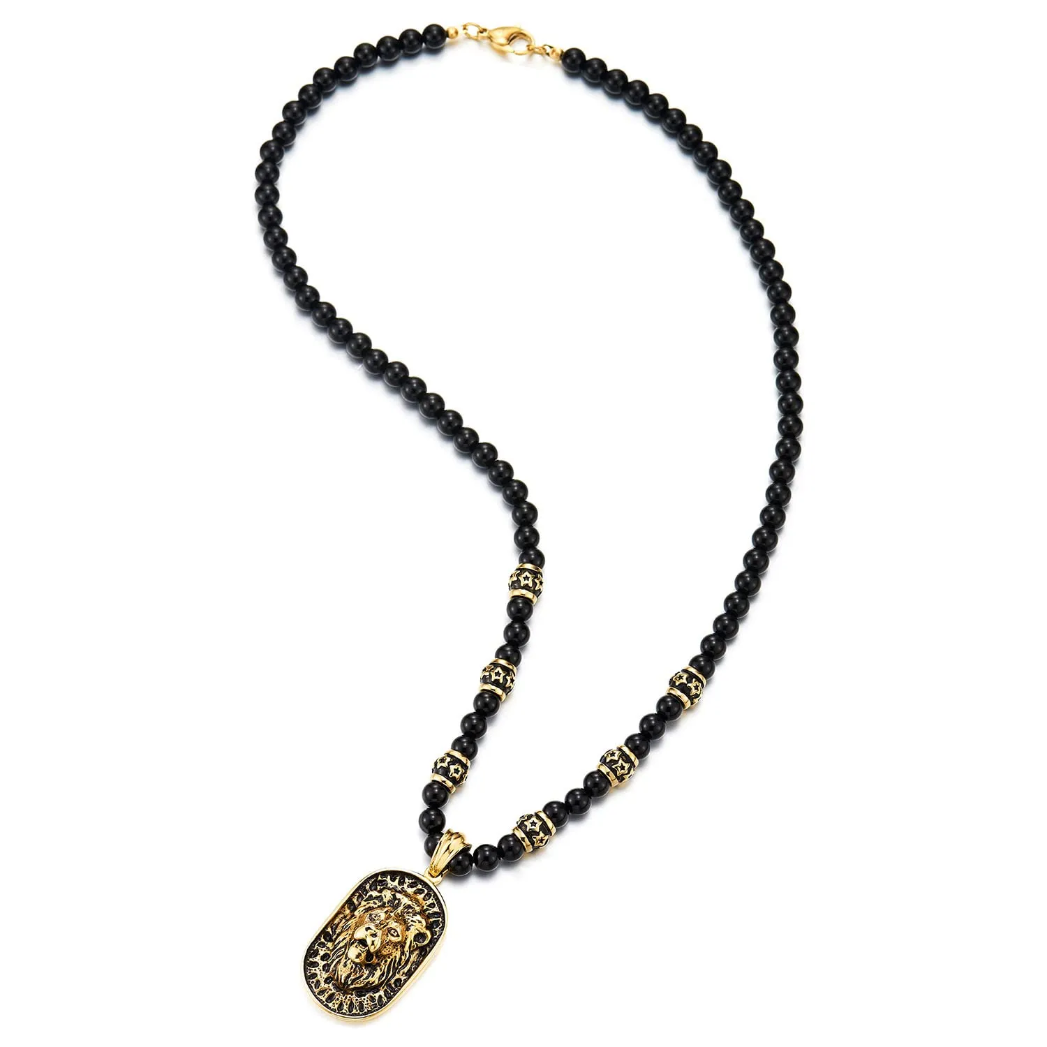 Gothic Style Mens Black Onyx Beads Necklace with Gold Black Stainless Steel Lion Head Shield Pendant