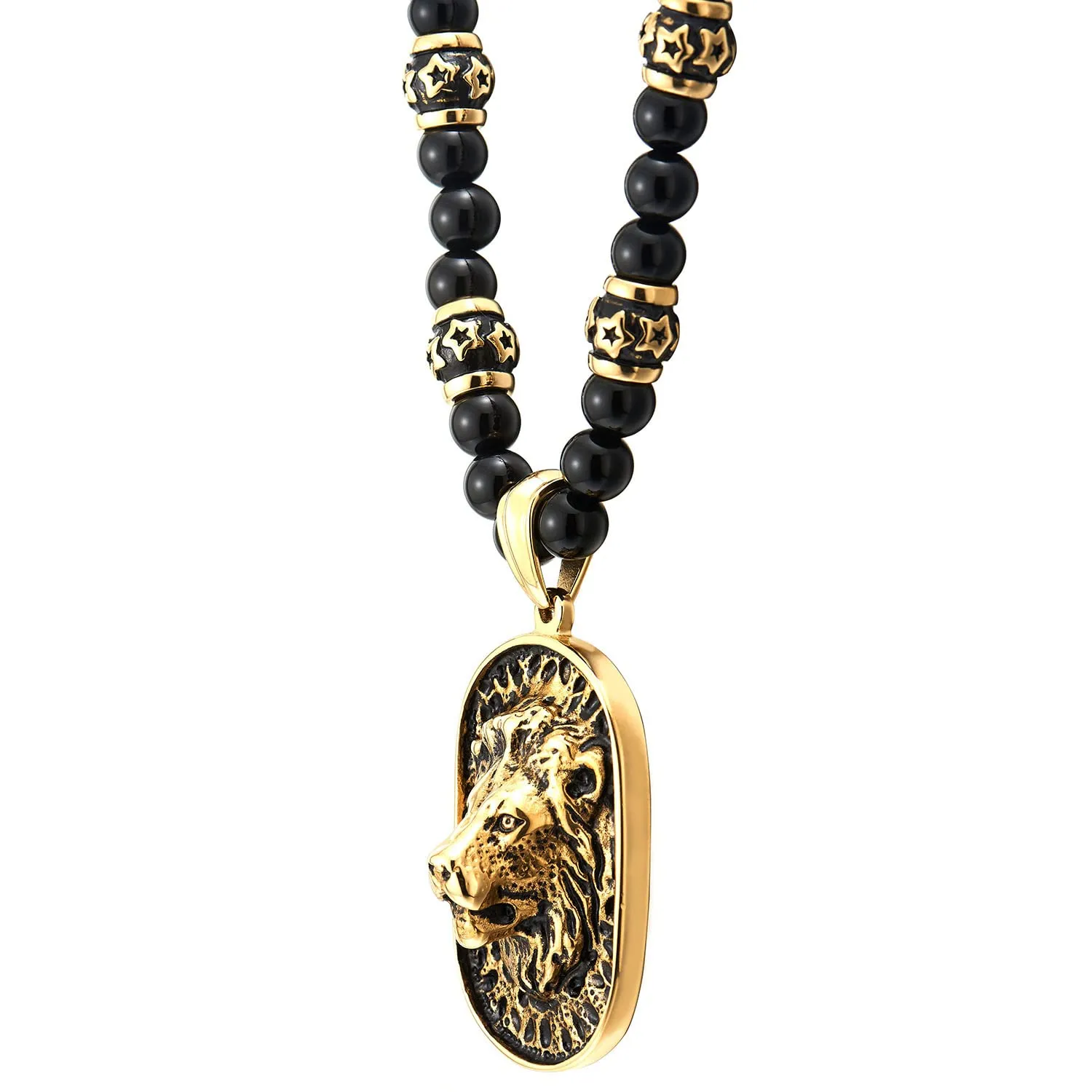 Gothic Style Mens Black Onyx Beads Necklace with Gold Black Stainless Steel Lion Head Shield Pendant