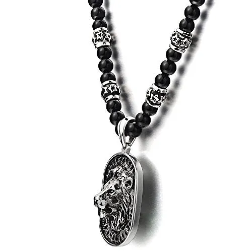 Gothic Style Mens Black Onyx Beads Necklace with Stainless Steel Lion Head Shield Pendant