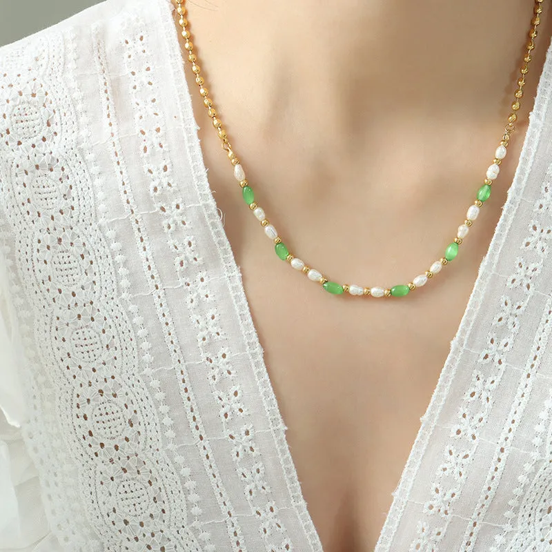 Green Cat Eye Stone and Gold Beads Freshwater Pearl Necklace