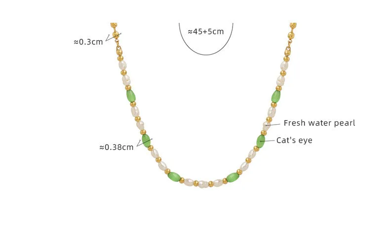 Green Cat Eye Stone and Gold Beads Freshwater Pearl Necklace