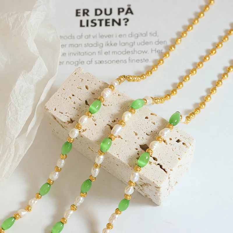 Green Cat Eye Stone and Gold Beads Freshwater Pearl Necklace