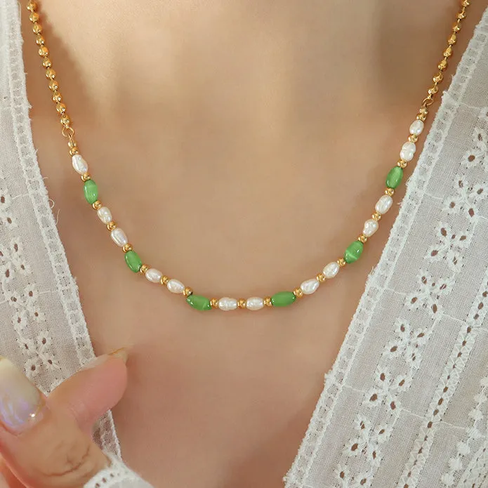 Green Cat Eye Stone and Gold Beads Freshwater Pearl Necklace