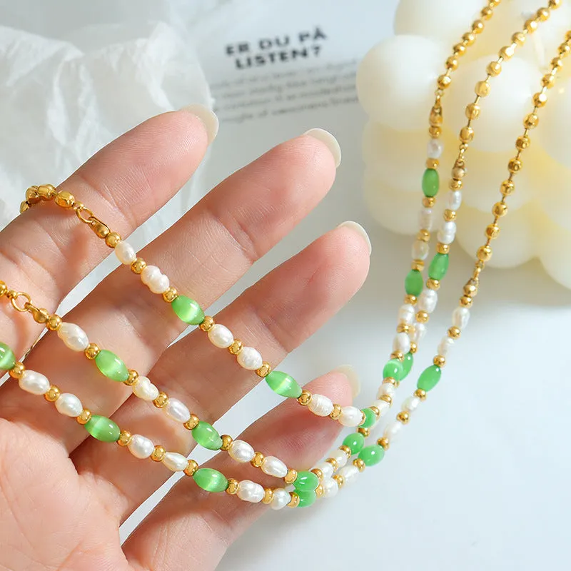 Green Cat Eye Stone and Gold Beads Freshwater Pearl Necklace