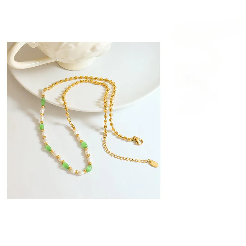 Green Cat Eye Stone and Gold Beads Freshwater Pearl Necklace