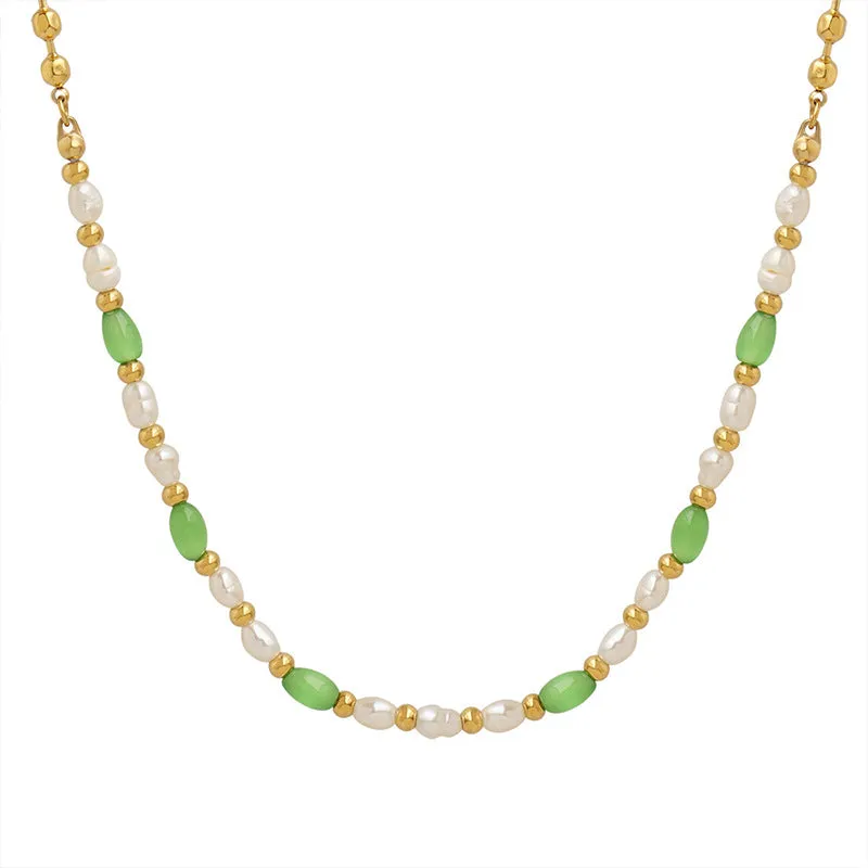 Green Cat Eye Stone and Gold Beads Freshwater Pearl Necklace