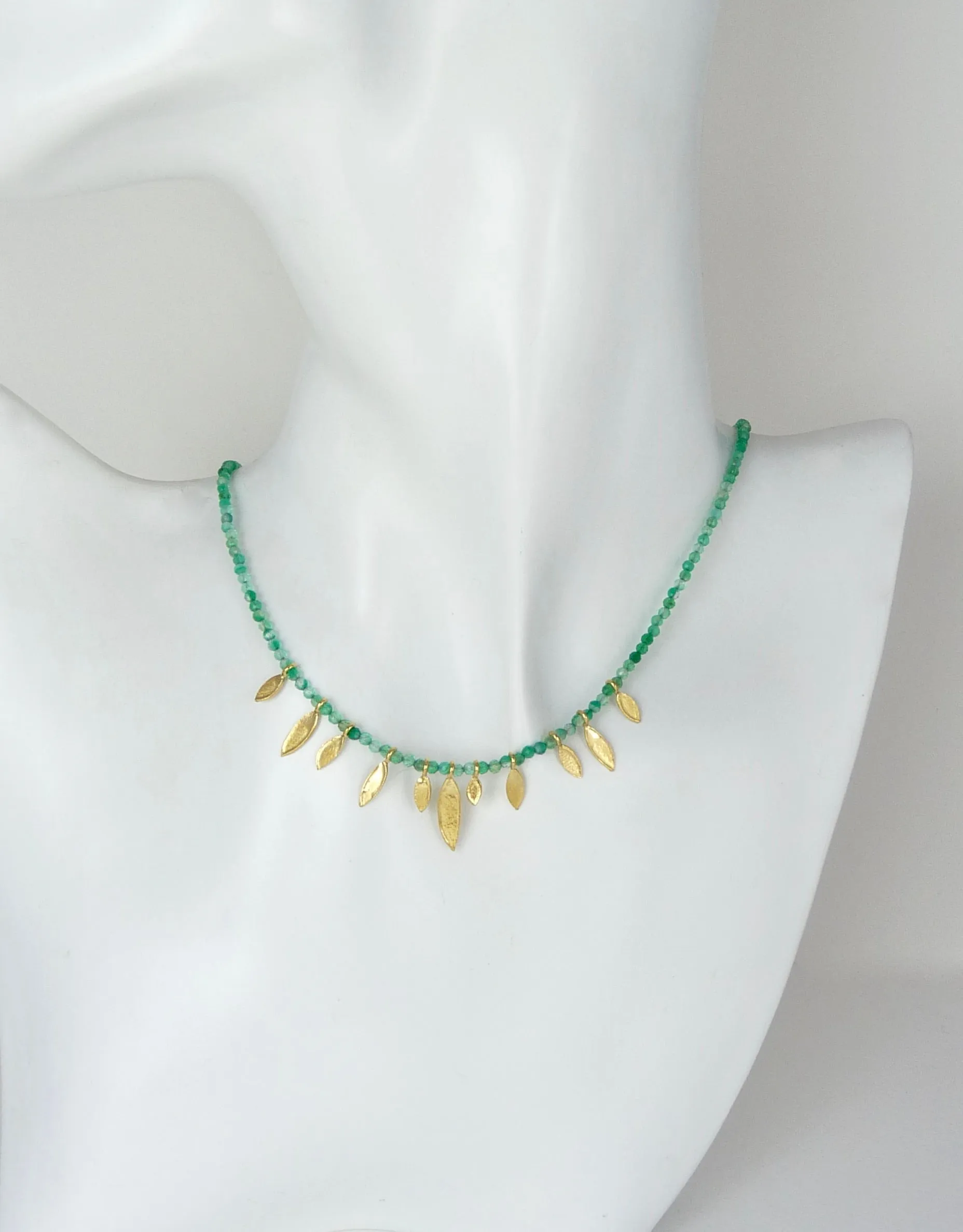 Green Onyx and Gold Leaves Necklace