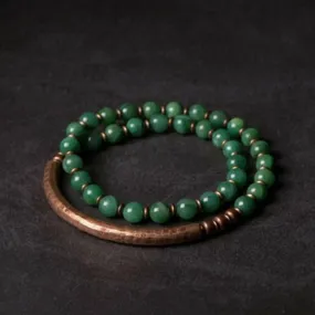 Handmade Africa Green & Red Jade Beaded Bracelet with Copper Sheath