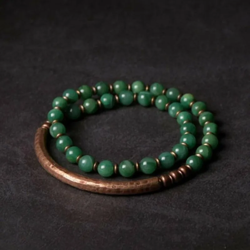 Handmade Africa Green & Red Jade Beaded Bracelet with Copper Sheath